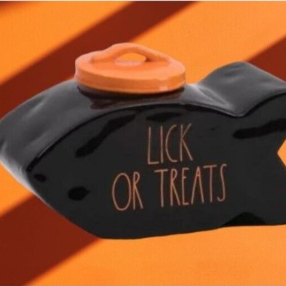 Rae Dunn LICK OR TREAT Halloween Fish-Shaped Ceramic Canister Pet Dog Cat Treats